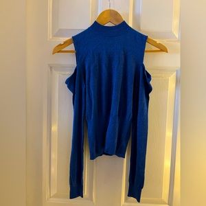 Blue sparkly BEBE cutout shoulders blouse